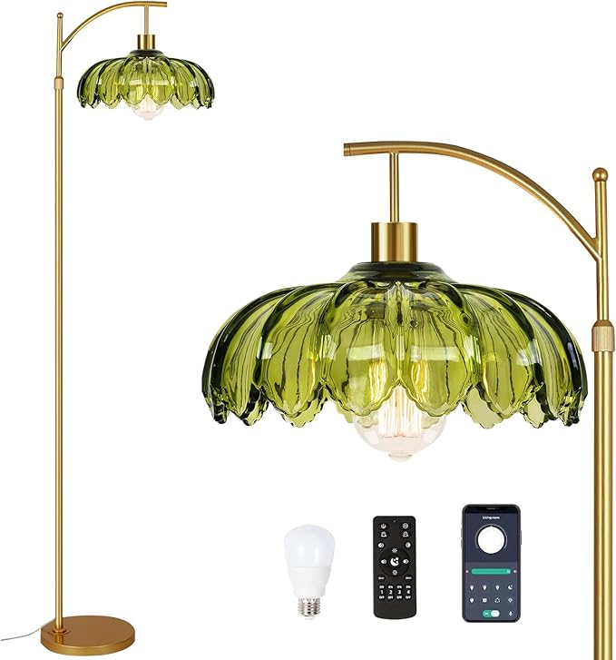 Gold Floor Lamps for Living Room Glass Vintage Floor Lamp with Remote Control,Dimmable Mid Century Modern Standing Lamp with 3 Color Temperature Tall Flower Lamp Brass Floor lamp for Bedroom Corner
