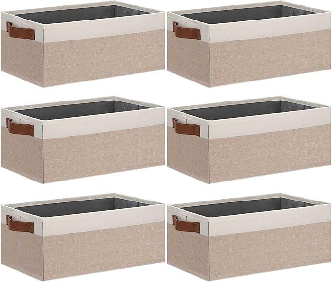 GhvyenntteS Small Fabric Storage Bins 6 Pack, 11.8" x 7.87" x 5.11" Storage Basket with Leather Handles, Closet Storage Bins for Shelves, Storage Baskets for Shelves, DVD Storage (Pink/White)