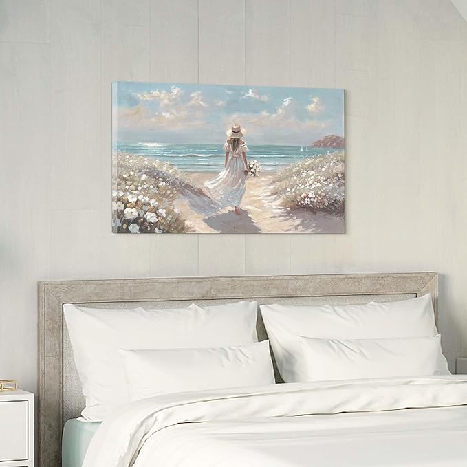 cozy country Beach Wall Art 36"x24" - Coastal Pictures Ocean Canvas Decor - Nautical Artwork Seascape Hand Painting for Girls Room, Sea House
