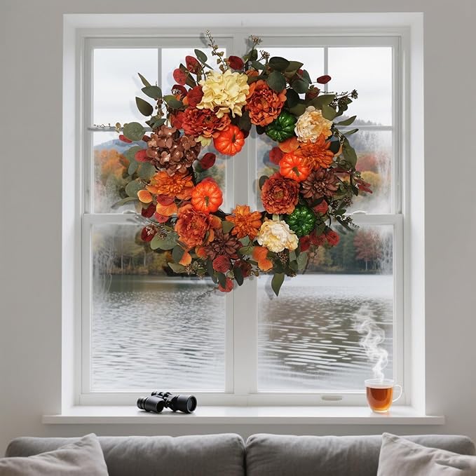 Fall Wreaths for Front Door 24 Inch with Realistic Pumpkin Hydrangea Peony Dahlia Flower, Thanksgiving Harvest Autumn Wreath for Indoor Outdoor Decor, Rustic Farmhouse Seasonal Decoration