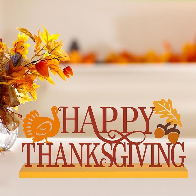 COCHIE Metal Happy Thanksgiving Sign, Fall Leaves Turkey Table Centerpieces Decorations for Home, Office, Shelf, Mantel, Indoor, Traditional Party Supplies Decor (Thanksgiving)