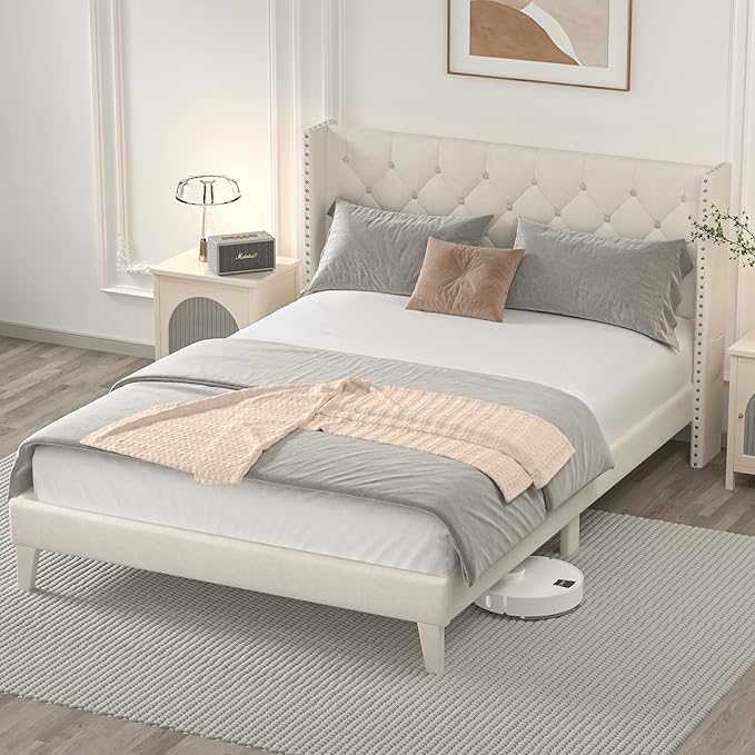 Full Size Bed Frame with Wingback Headboard, Upholstered Platform Bed Frame with Diamond Tufted Headboard & Lights, Wood Slat, Easy Assembly, Noise-Free, No Box Spring Needed, Beige
