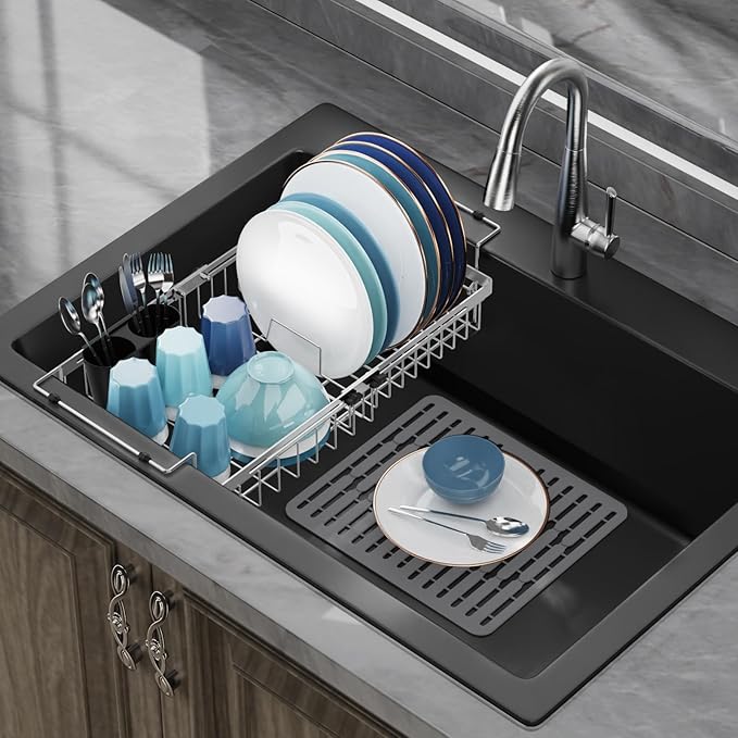 GSlife Expandable Sink Dish Drying Rack - Stainless Steel Capacity Adjustable Over The Sink Dish Rack (13.4''-20.4'') with Sink Mat and Utensil Holder, Silver