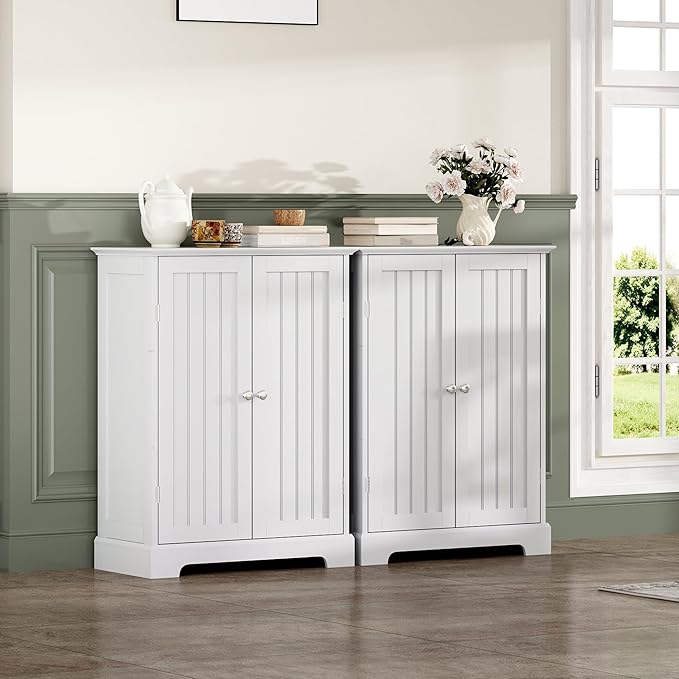 ChooChoo Bathroom Floor Cabinet, Modern Bathroom Storage Cabinet with 2 Doors and Adjustable Shelves, Freestanding Cupboard for Living Room, White