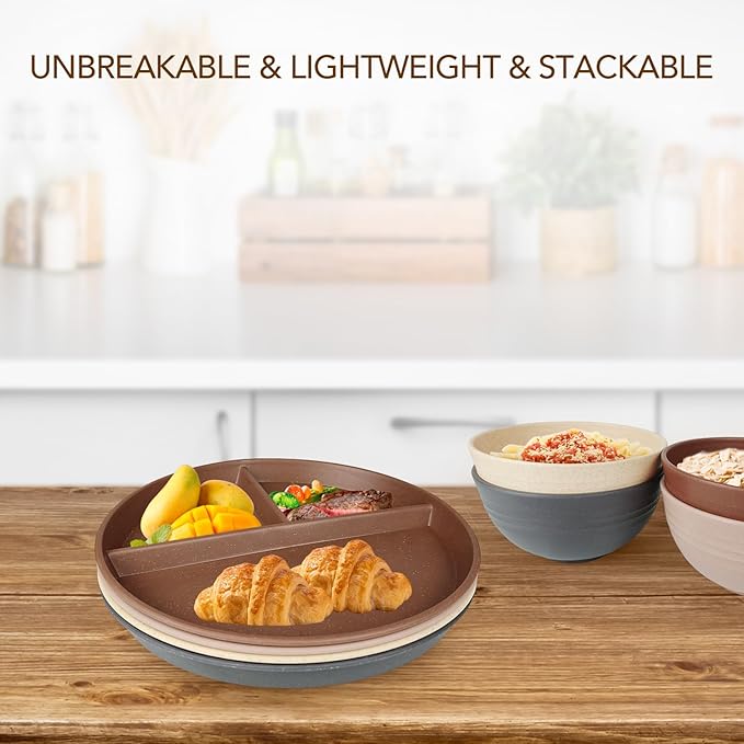 greenandlife 10 Inch 4PCS Unbreakable Portion Control Plates, Divided Plates for Kids Adults, Dishwasher & Microwave Safe Compartment Plate, Lightweight Reusable Wheat Straw Plate, Earth Tone