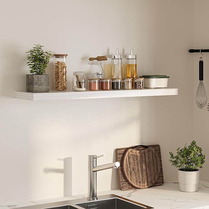 Floating Shelves for Wall,48" W x 9.3" D x 1.5" H, Wooden Wall Mounted Display Shelves with Invisible Brackets for Living Room, Bedroom, Bathroom, Kitchen Decor and Storage, Set of 1, White