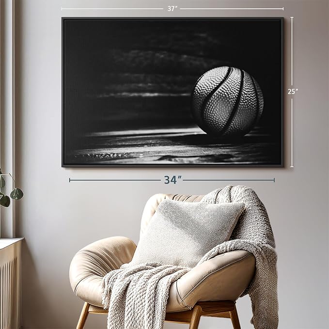 ElephantStock Basketball Wall Art - Horizontal Framed Canvas - 1-Piece Hallway Wall Decor - Photography sports Canvas Print - Black and Gray Decor for Wall - 37" X 25"
