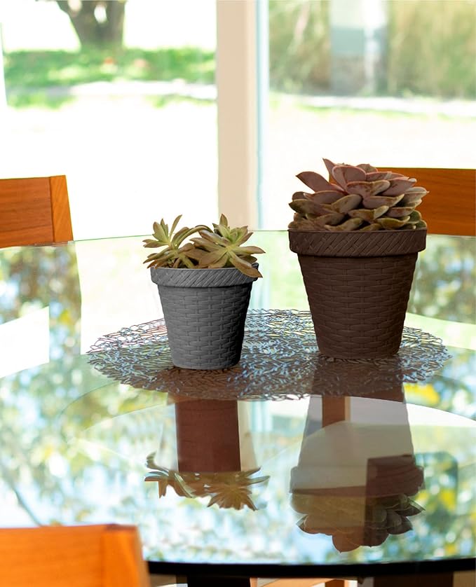 Elly Décor Set of 2 10 inch Round Saucer Modern Self Watering Planter Plates, Pots with Rattan-Like Finish, 10x10 chococlate Brown