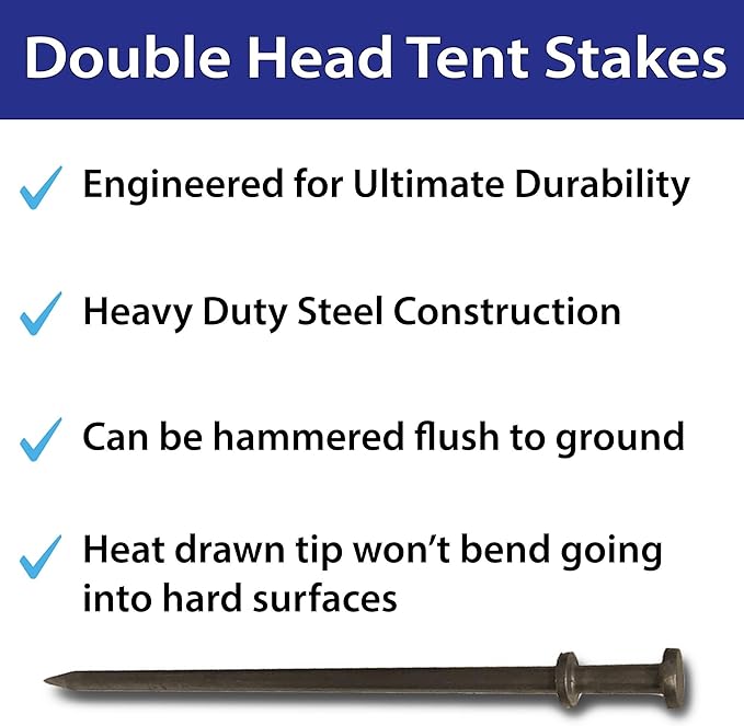 Double Head Tent Stakes - Heavy Duty Steel Tent Stakes, Versatile Ground Spikes to Anchor Commercial Inflatables, Party Tents, and Outdoor Camping Shelters, 3/4 x 24 Inch, 4-Pack