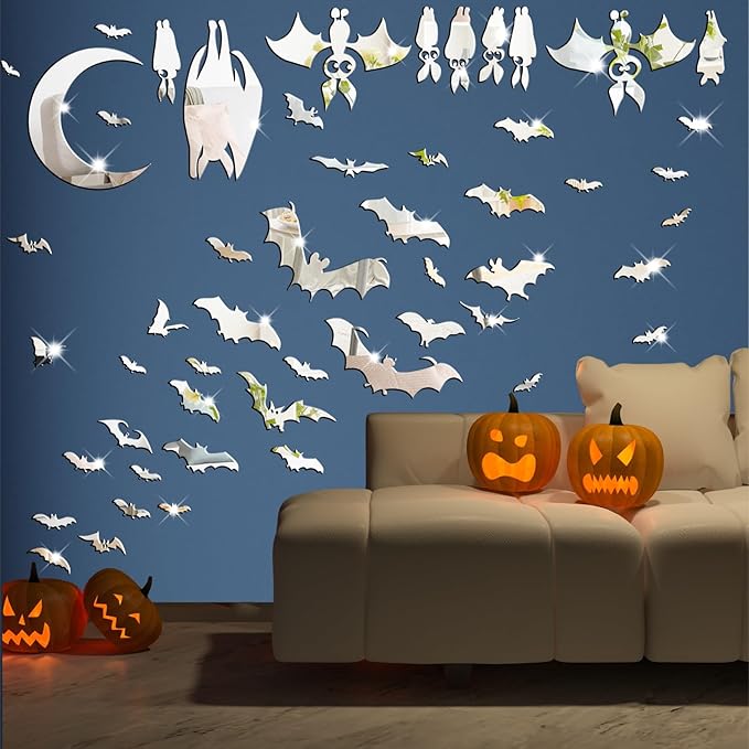 Easma Halloween Bats Wall Stickers 3D Scary Bats Decor for Door Decals Haunted House Party Decorations Silver Removable Halloween Wall Decal Peel and Stick for Kids Baby Bedroom Bathroom Playroom