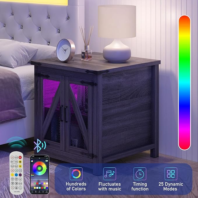 Farmhouse End Table, 24" Large Sofa Side Table with Charging Station, Mesh Barn Door, and Adjustable Storage Shelf, Rustic Wood Square Nightstand for Living Room, Bedroom, Office, Grey