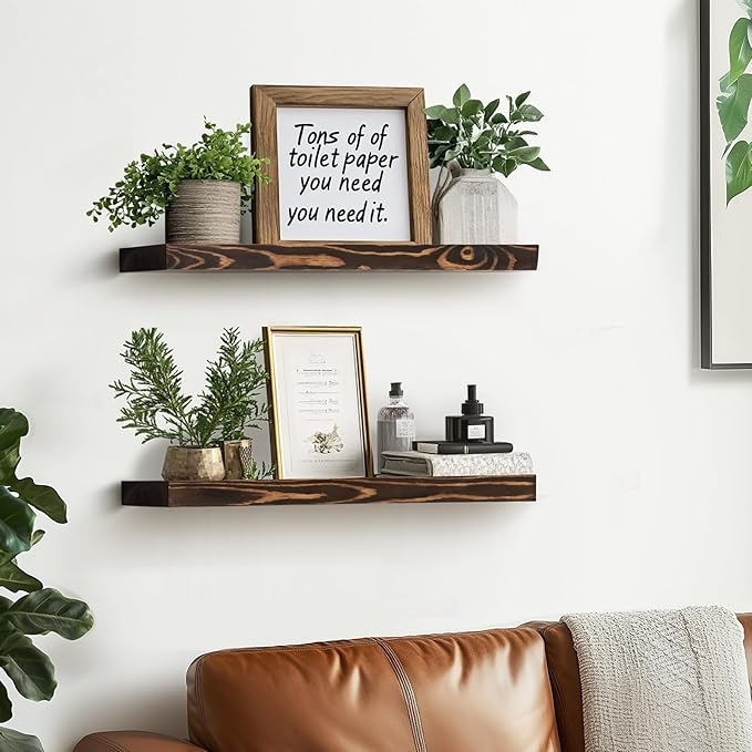 Floating Wall Shelves - 16"x6.8"x1.2" Sturdy Rustic Brown Solid Wood Shelves for Storage and Décor, Easy Installation for Living Room, Bedroom, and Kitchen - 2 Pack