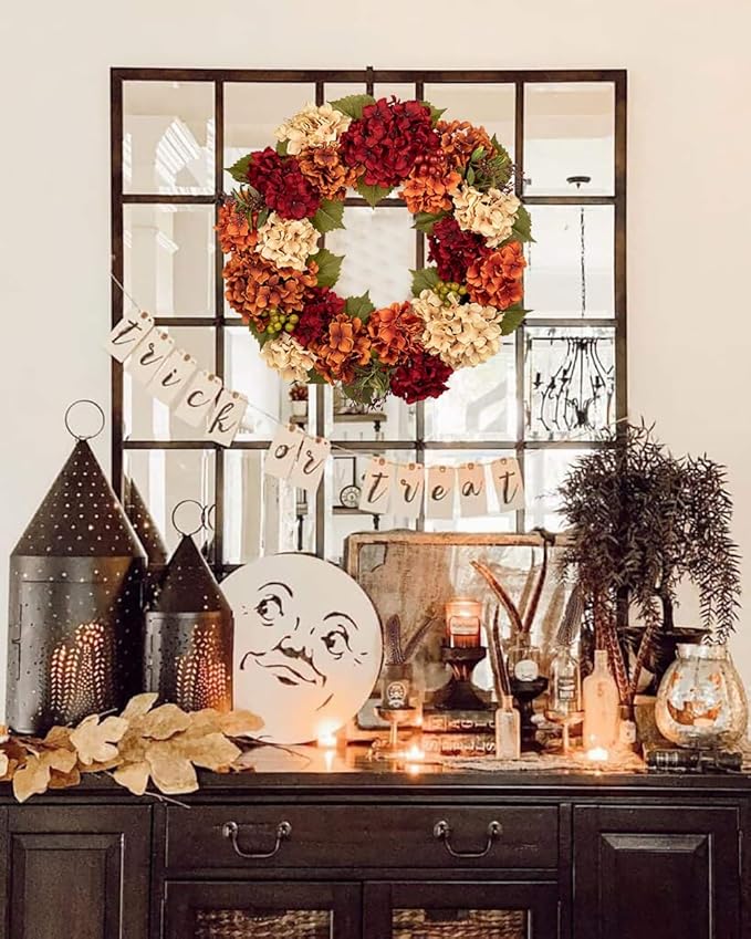 Fall Wreaths for Front Door, 24 inch Autumn Wreath with Hydrangeas Berries Large Fall Door Wreath Artificial Hydrangea Flowers Wreaths Autumn Decorations for Farmhouse Thanksgiving Harvest Door Wall