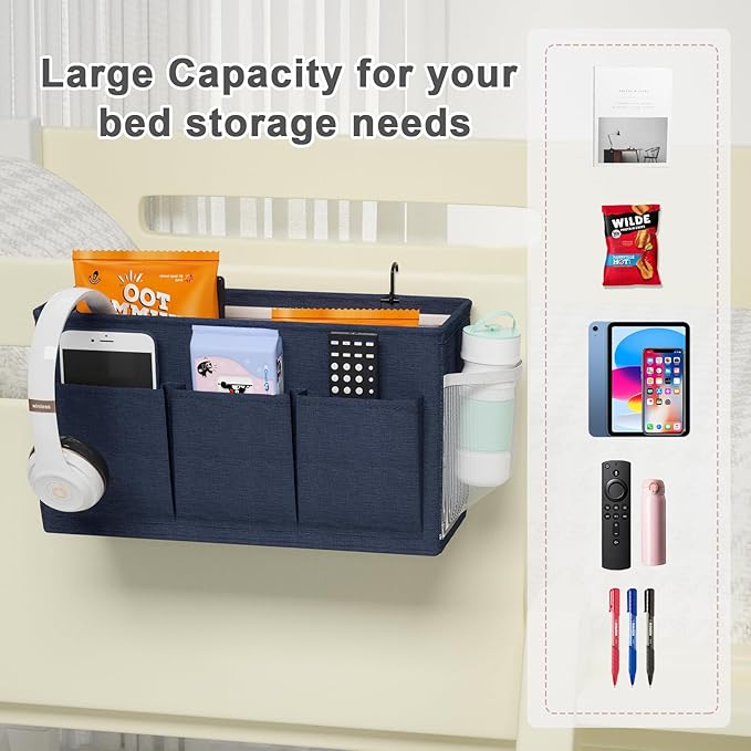 Dual-purpose Bedside Caddy Bedside Organizer, Bed Caddy with 6 Pockets, Versatile Bedside Storage Solution Magazine Remotes holder, ideal for Home, Dorm, Hospital, Crib Bed (Navy 2pcs)
