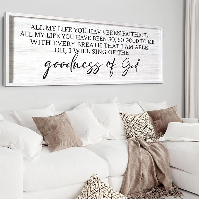 Goodness of God Framed Wall Art, 40''×15'' Positive Religious White Bible Verse for Christian God Jesus Christ Prayer, Vintage Rustic Long Holy Catholic Scripture Decor