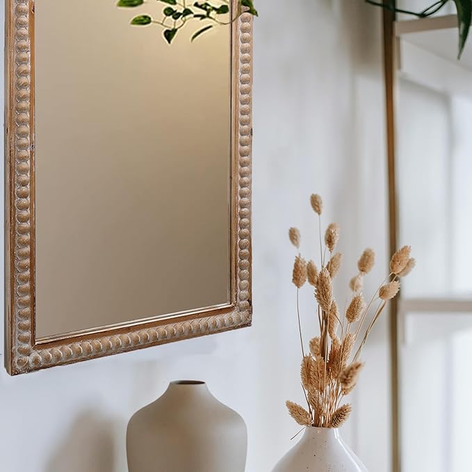 Farmhouse Bathroom Mirror 22x30 Inch - Rectangular Wall Mirrors with Wood Frame & Beaded Design - Distortion-Free Glass, Horizontal/Vertical Mount or Freestanding