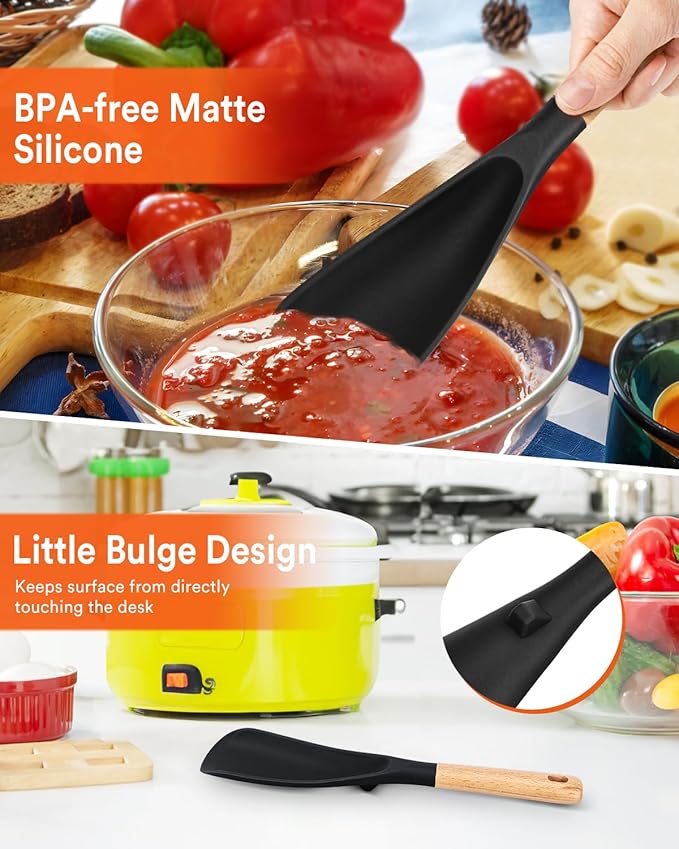 Cooking Spoon and Scraper for Nonstick Cookwares, Great for Cooking and Serving Durable BPA-Free Matte Silicone, Wood Handle Multifunction Spoon for Mixing, Scoop, and Scrape (BLACK)