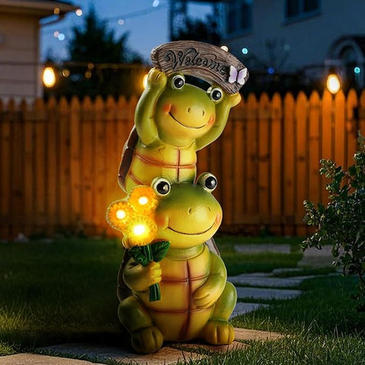 Garden Turtle Outdoor Statues, Solar Garden Statue Two Sweet Frog Face Turtles Decor with 3 LED Lights, Unique Art Resin Gifts for Patio Lawn Porch Yard