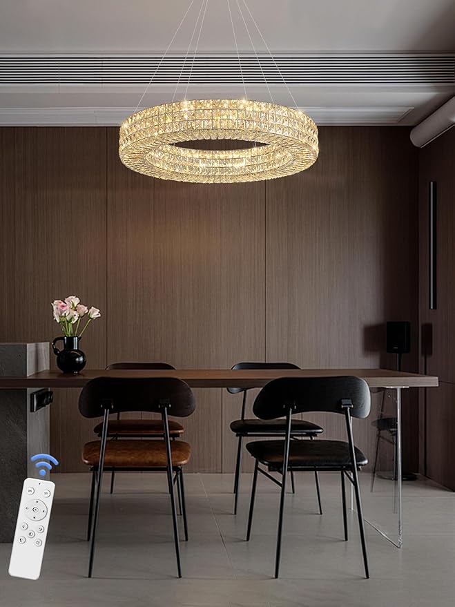Dia 24" Modern Crystal Chandelier Silver Ring Chandelier Adjustable Height Luxury Crystal Pendant Ceiling Light Fixture for Dining Living Room Bedroom
