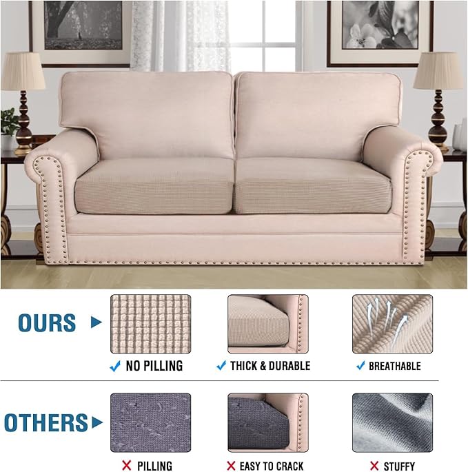 H.VERSAILTEX Super Stretch Individual Seat Sofa Covers Couch Slipcover Sets Thick Jacquard Textured Twill Fabric (2 Piece Large Sofa Cushion Covers, Sand)