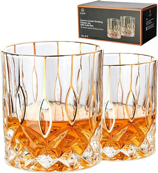 Gold Rim Whiskey Glasses Set of 2,Crystal Old Fashioned Glasses-Luxury Gold Collection,Perfect for Scotch Bourbon Rocks Cognac Vodka Gin Tequila Rum Liquor,Whiskey Gifts for Men