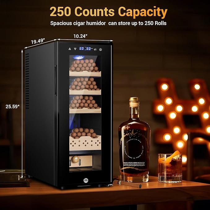 Electric Cigar Humidor, 35L 250 Counts Large Capacity Thermostatic Desktop Humidor Cabinet with Digital LED Screen, Safety Lock,Smart Humidity & Temp Control, Gifts for Men