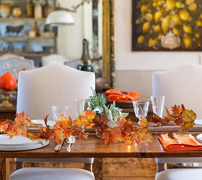 DearHouse 2 Pack Fall Maple Leaf Garland - 5.9Ft/Piece Hanging Vine Artificial Autumn Foliage for Thanksgiving, Home, Wedding, Fireplace, Party, Christmas Decor (Light Orange)