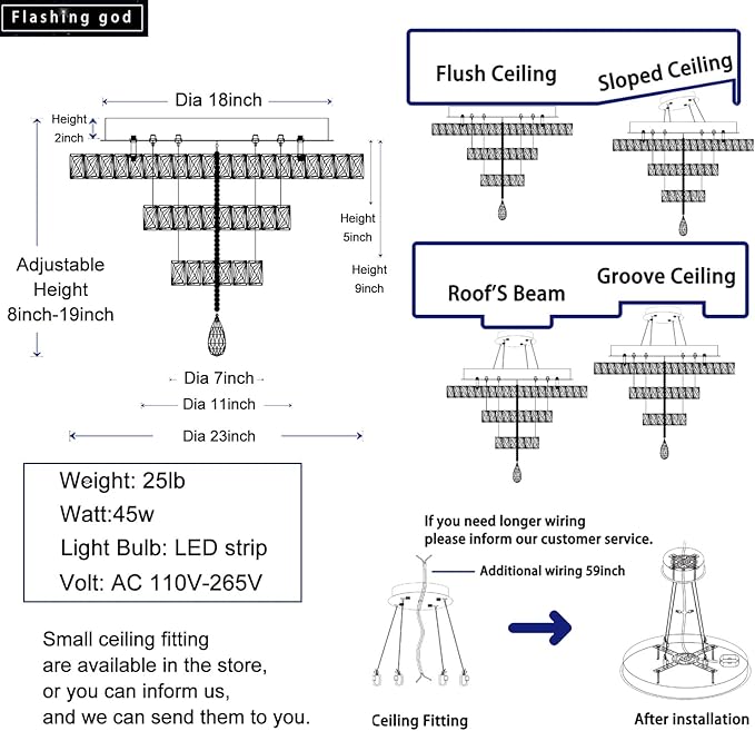 Flashing God Modern Crystal Chandeliers Dia 24" Silver Chandelier Flush Mount Ceiling Light for Bedroom Living Room Dining Room Hallway Dimmable 3 Rings LED Celing Lighting Fixtures