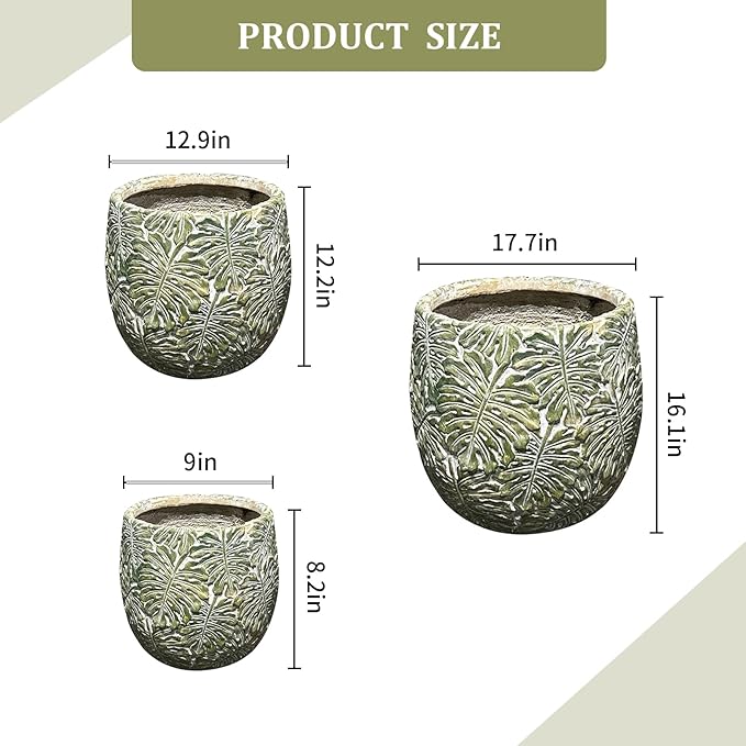 Craft flowerpots 18"+13"+19" Dia Round Concrete Planter Set of 3 Large Outdoor/Indoor Planter Pots Containers with Drainage Holes and Rubber Plug for Home Garden (Green, Large)