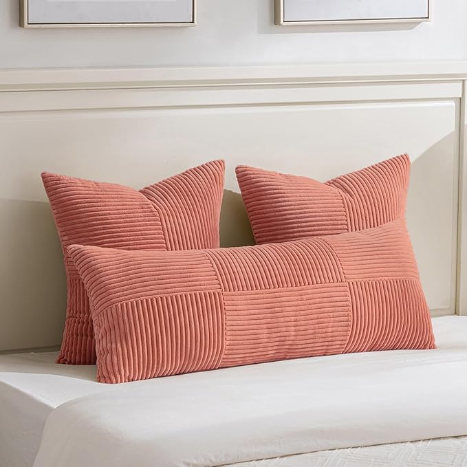 Fancy Homi 2 Packs Coral Big Decorative Throw Pillow Covers 24x24 Inch for Living Room Couch, Rustic Farmhouse Boho Home Decor, Soft Corss Corduroy Patchwork Accent Peach Square Cushion Case 60x60 cm