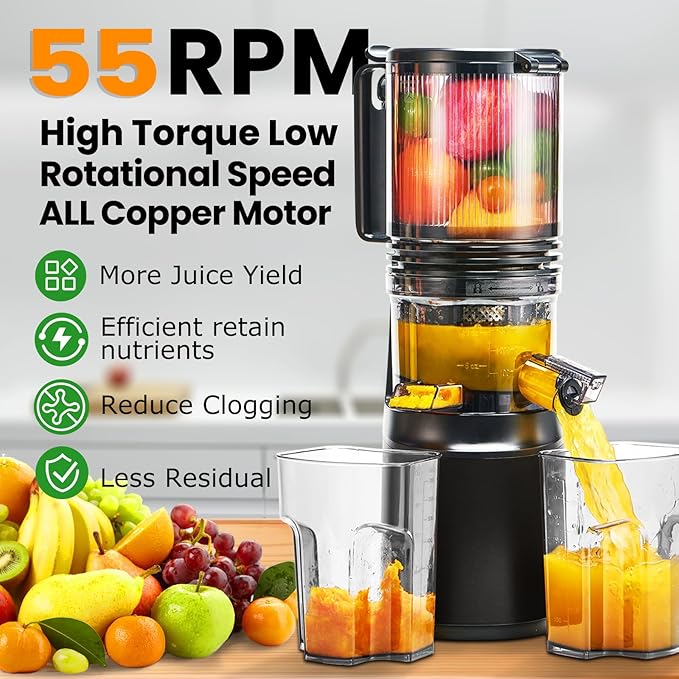 Cold Press Juicer,Slow Masticating Juicer Machines with 5.3" Large Feed Chute for Most Fruits and Vegetables,Easy to Clean Lemon Orange juicer with 250W Motor and High Juice Yield (Obsidian black)