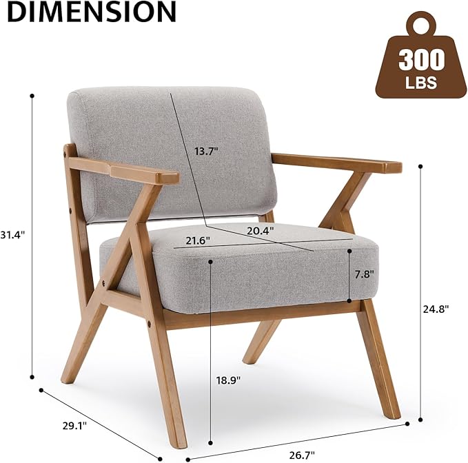 Ergonomic Mid-Century Modern Lounging Armchair | Solid Wood Frame & Plush Thickened Cushion | Versatile Seating for Living Room, Reading Nook & Balcony, Light Grey Linen
