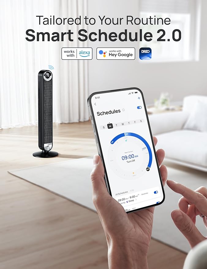 Dreo Tower Fan for Bedroom, 90° Oscillating Standing Floor Fan with 28ft/s Velocity, 25dB Quiet for Sleep, DC Motor, 9 Speeds, 4 Modes, 12H Timer, Voice & APP & Remote Control, 42" Cruiser Pro T2 S