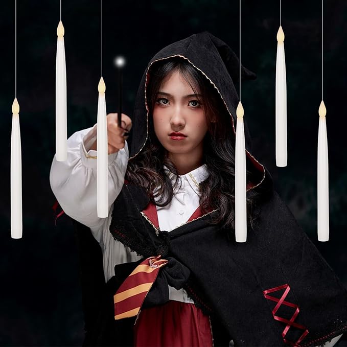 GenSwin 10.8" Floating Candles with Magic Wand Remote Timer, Flameless Taper Candles Flickering Battery Operated, LED Electric Hanging Window Candle Christmas Halloween Decorations(12 Pack, White)