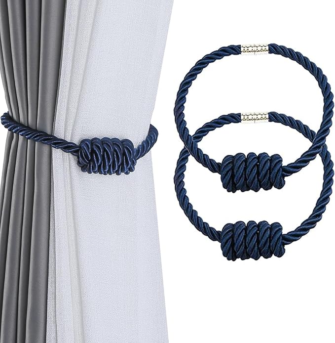 Fenghuangwu 2Pack Magnetic Curtain Tiebacks – Bohemian Style Handmade Woven Tie-Backs for Drapes,Elegant Exquisite Knot Holdbacks,Outdoor Boho & Modern Home Decor（Navy