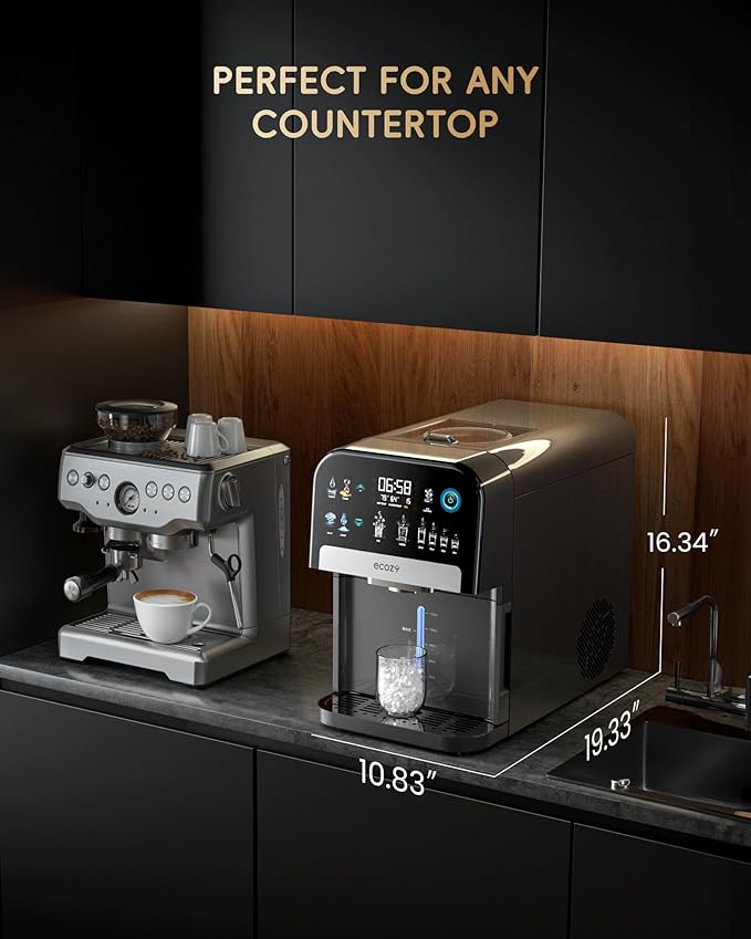 ecozy Nugget Ice Maker Dispenser, Smart 2-in-1 Pebble Ice Machine Countertop & Water Dispenser with App Control, Self-Cleaning, Auto Lighting, TDS Monitor, Measured Dispensing, 33Lbs/Day