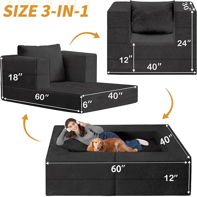 Folding Bean Bag Chair for Adults,3-in-1 Bean Bag Couch Faux Fur Floor Sofa Large Beanbag Convertible Bean Bag Sofa Bed with Pillow in Bedroom,Living Room,Apartment(Twin,Black)