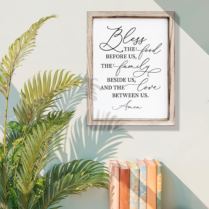 Christian Wooden Wall Sign, Dining Room Decors, Farmhouse Decor for Kitchen, Rustic Home Decor, Framed Wall Plaque Sign 15 * 11.5 inches, Bless the Food Before Us
