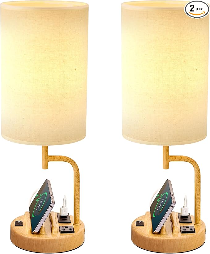 Dreamholder Table Lamp with 3 USB Charging Ports, Modern Desk Lamp with AC Outlet and Phone Stands, Perfect Bedside Lamp for Bedroom, Living Room, Office (Pack of 2)