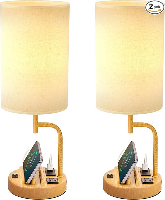 Dreamholder Table Lamp with 3 USB Charging Ports, Modern Desk Lamp with AC Outlet and Phone Stands, Perfect Bedside Lamp for Bedroom, Living Room, Office (Pack of 2)