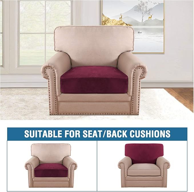 H.VERSAILTEX Velvet Stretch Couch Cushion Cover Plush Cushion Slipcover for Chair Cushion Furniture Protector Seat Cushion Sofa Cover (1 Piece Armchair Cushion Covers, Burgundy)