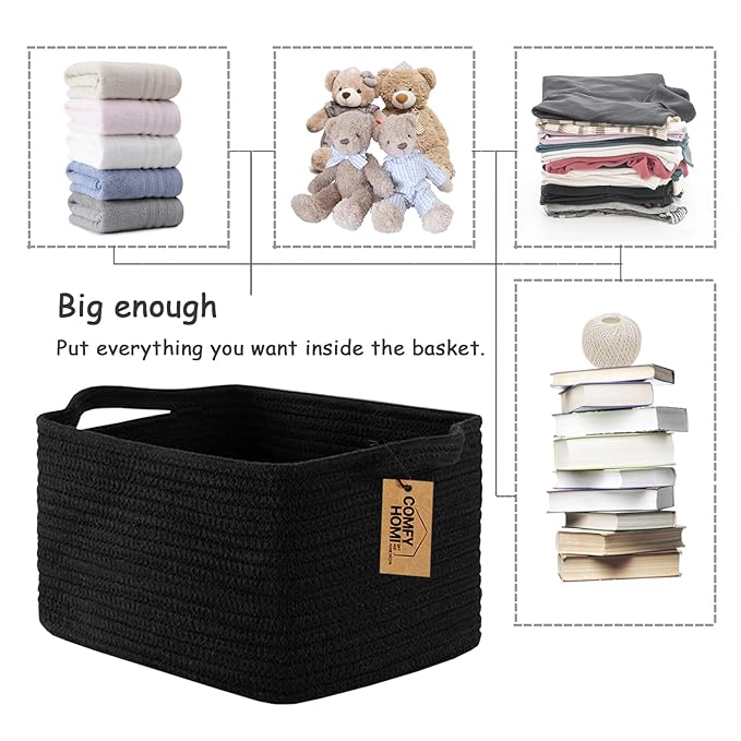 COMFY-HOMI 3PACK Cotton Rope Woven Basket With Handles for Shelves, Toy, Book, Cloth Storage Basket for Organizing|13.5" x 11" x 9.5" Decorative Nursery Cube Bin for Living Room（all Black）