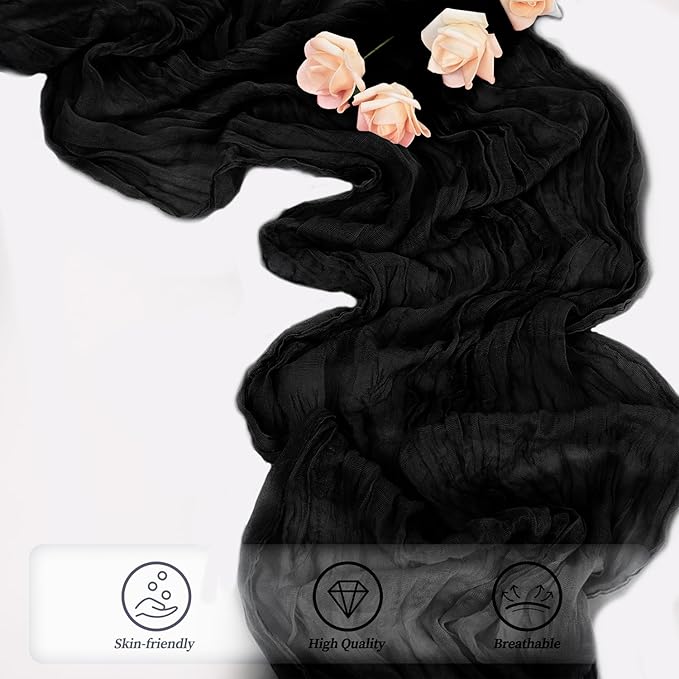 10FT 20 Pack Black Cheesecloth Table Runner 20 x 120 Inch Long Boho Fabric Rustic Cheese Cloth Table Runner for Wedding Bridal Shower Baby Shower Gauze Sheer Birthday Party Table Decorations