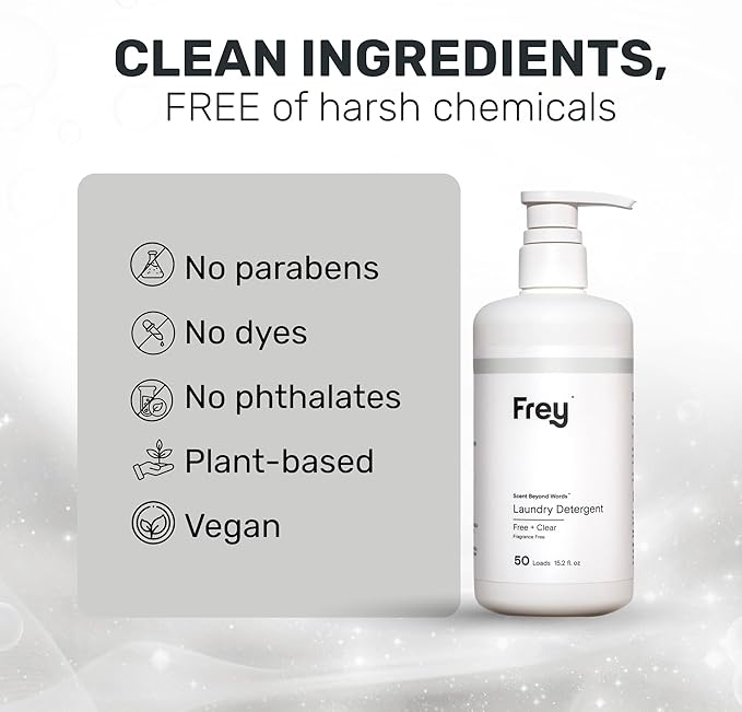 FREY Concentrated Liquid Laundry Detergent | Formulated for Sensitive Skin & HE Washers | Removes Stains Effectively | 50 Loads per Bottle (1-pack Unscented)