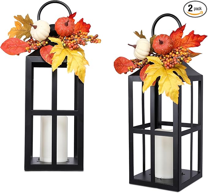 Fall Decorative Lanterns Outdoor, Waterproof 17.7" Decorative Lantern Indoor Decor Metal Hanging Candle Holder LED Flameless Candle Lantern for Patio, Porch, 2 Packs