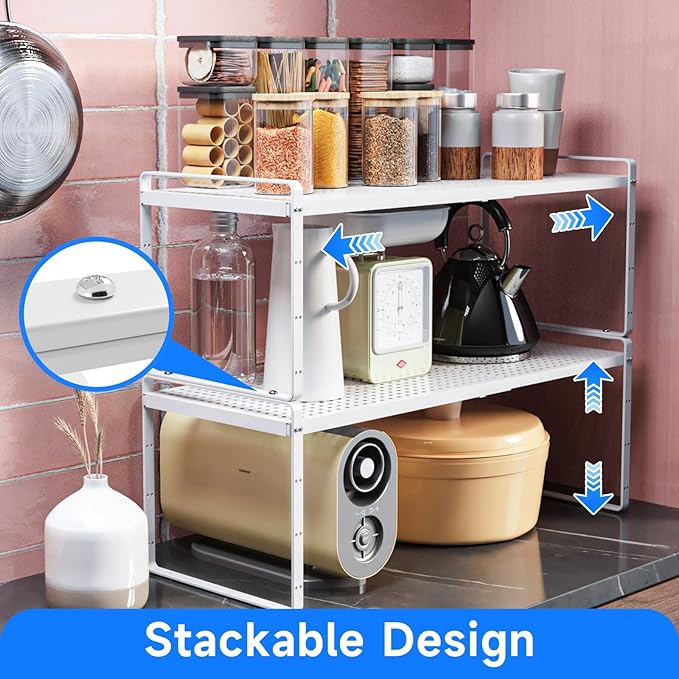 Expandable Cabinet Shelf Organizers, Kitchen Small Stand Rack Organization for Countertop Cupborad Pantry, White 3 Pack