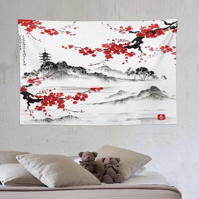 Cherry Blossoms Tapestry, Japanese Fuji Mountain Tapestry, Asian Japanese Wall Tapestry, Nature Landscape Tapestries for Bedroom Living Room Decor 60"x40"
