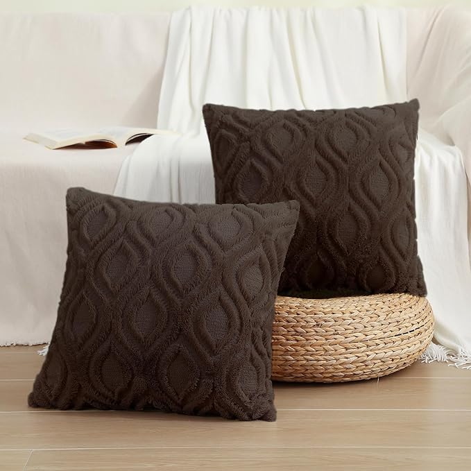 decorUhome Throw Pillow Covers 18x18 Inch Set of 2, Soft Plush Decorative Faux Fur Dark Brown Solid Couch Pillow Covers, Accent Farmhouse Neutral Square Euro Pillow Cases for Sofa Bed Living Room