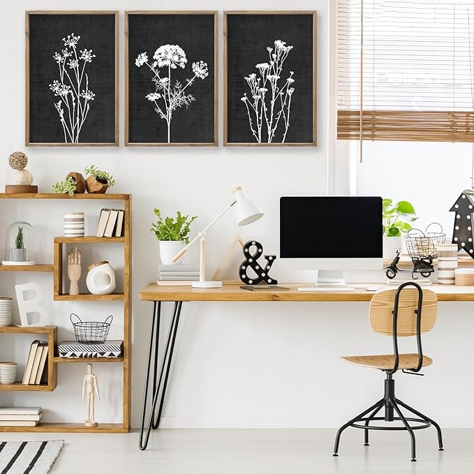 Flower Plant Wall Art Decor 24"x16" Set of 3 Black And White Botanical Painting Wood Framed For Minimalist Bedroom Office Rustic Living Room Abstract Wildflower Sign Hanging (Wood Black)
