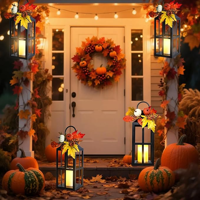 Fall Decorative Lanterns Outdoor, Waterproof 17.7" Decorative Lantern Indoor Decor Metal Hanging Candle Holder LED Flameless Candle Lantern for Patio, Porch, 2 Packs